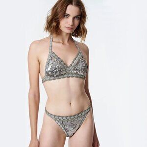 NWT Sugarfree sequin crochet metallic bikini top & bottom set
